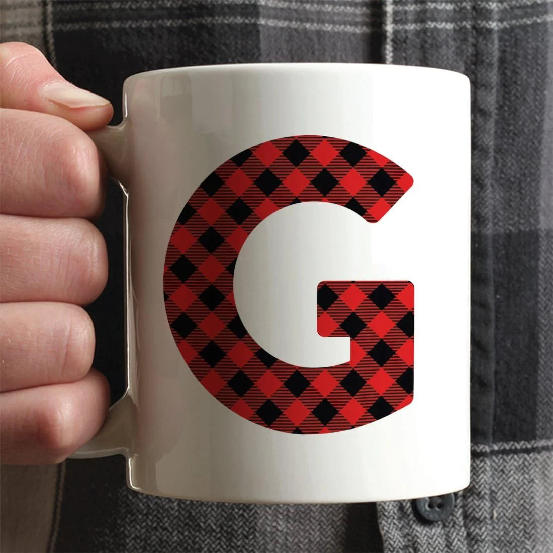 Hot Chocolate Coffee Mug Gift, Red Plaid Initial Letter G, 1-Pack E273