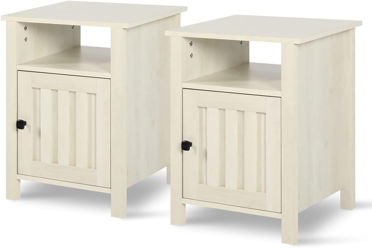 Set of 2 White Wood Grain Nightstands with Cabinet & Open Shelf E2729