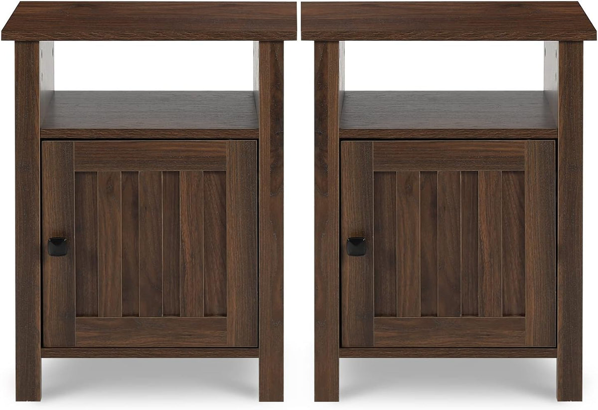 Set of 2 White Wood Grain Nightstands with Cabinet & Open Shelf E2729