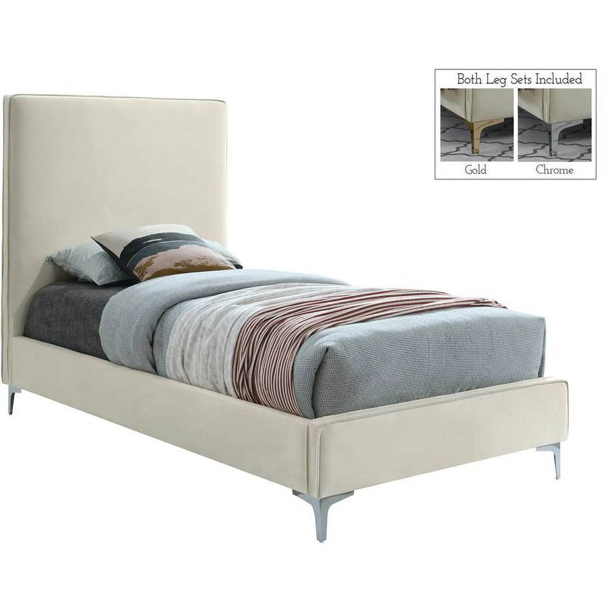 Cream Velvet Twin Bed with Gold and Chrome Legs I42128
