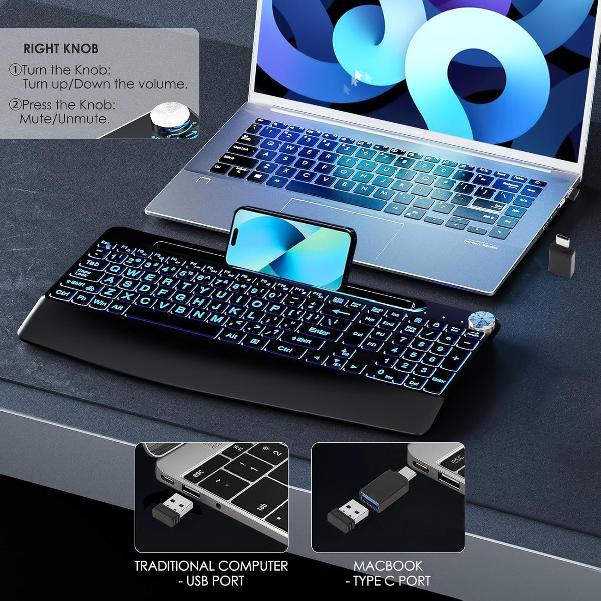 2.4G Wireless Large Print Full Size Keyboard with 7 Colored Backlit S8951