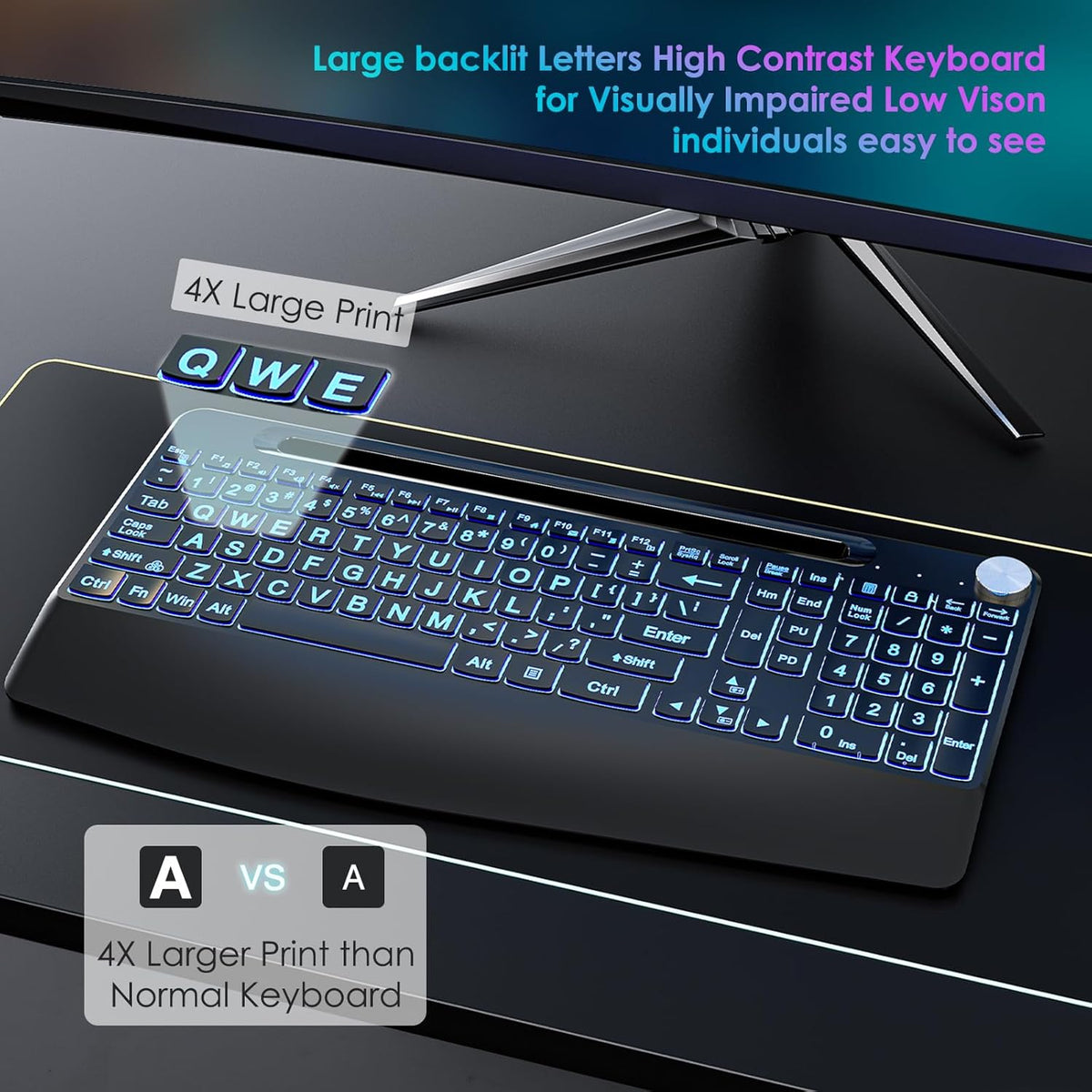 2.4G Wireless Large Print Full Size Keyboard with 7 Colored Backlit S8951