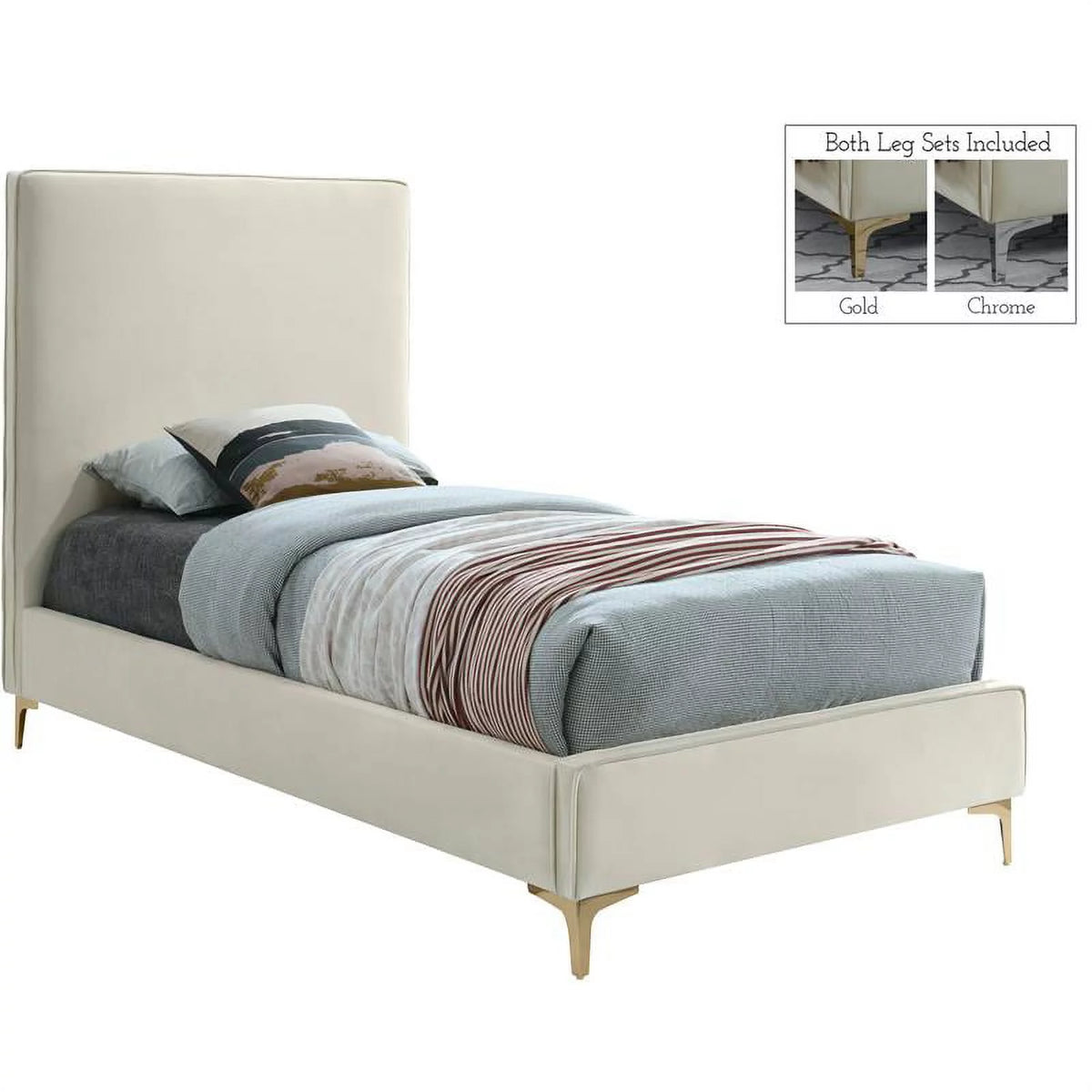 Cream Velvet Twin Bed with Gold and Chrome Legs I42128