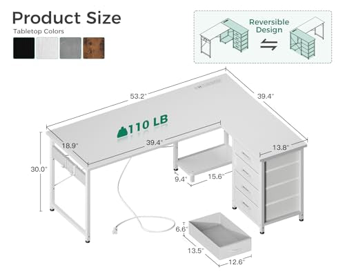 Black L Shaped Desk with 4 Tier Drawers, Power Outlets & USB G80447
