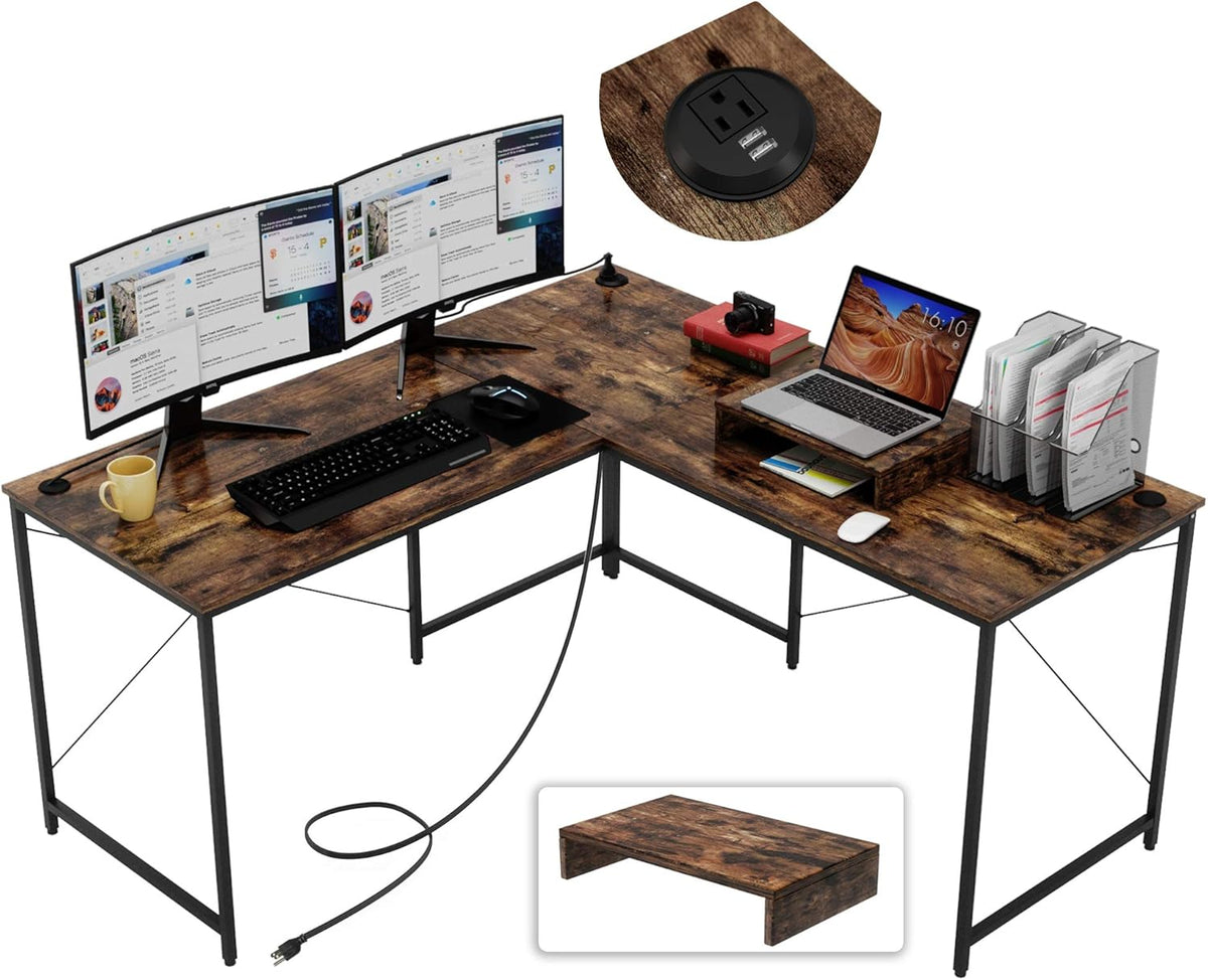 95.2 Inch L Shaped Desk with Power Outlet, Brown D67749