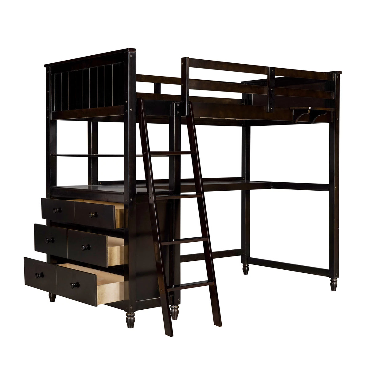 Twin Size Pine Wood Loft Bed with Desk and Shelves G1041