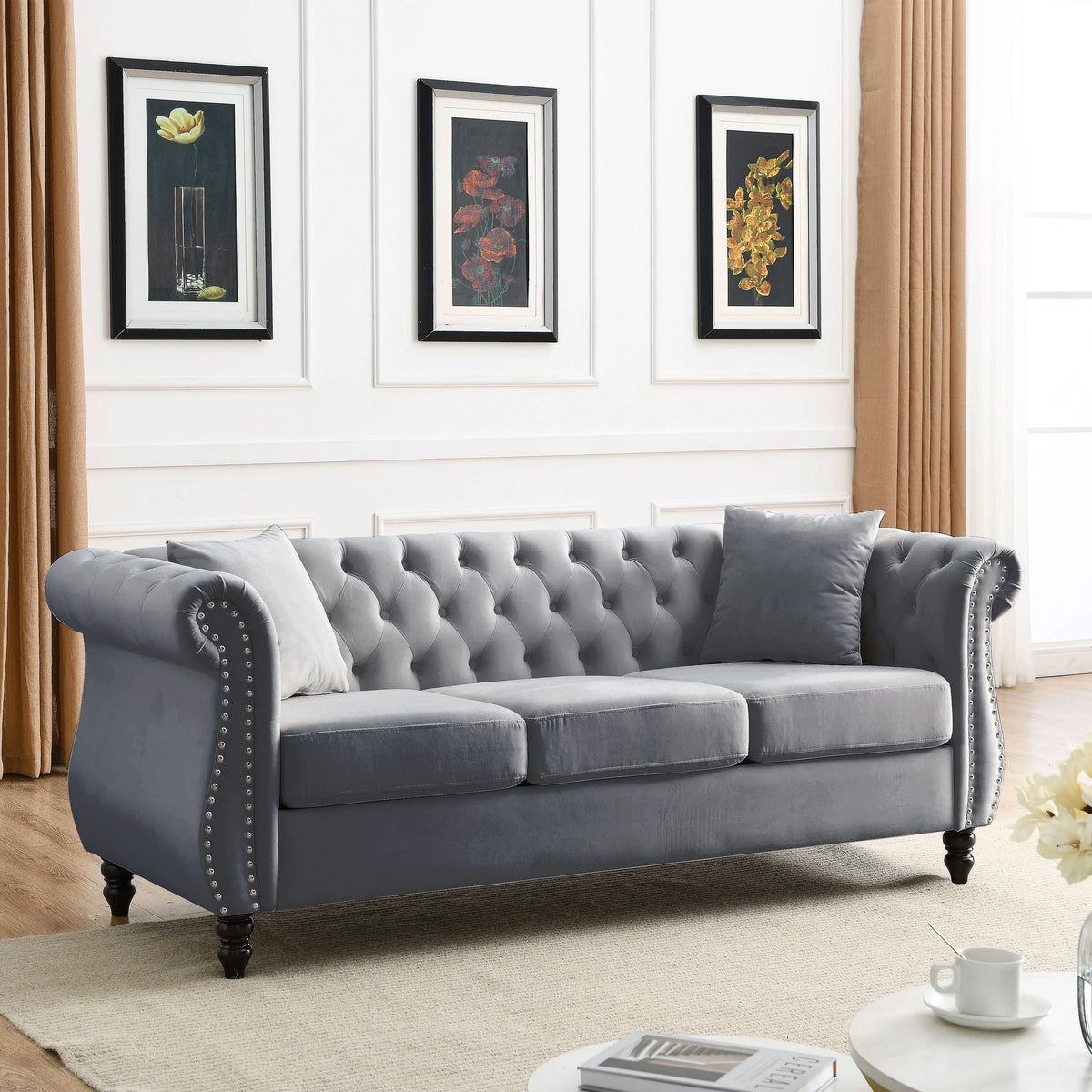 80" Chesterfield Sofa Grey Velvet 3 Seater Tufted Couch with Rolled Arms and Nailhead U8152