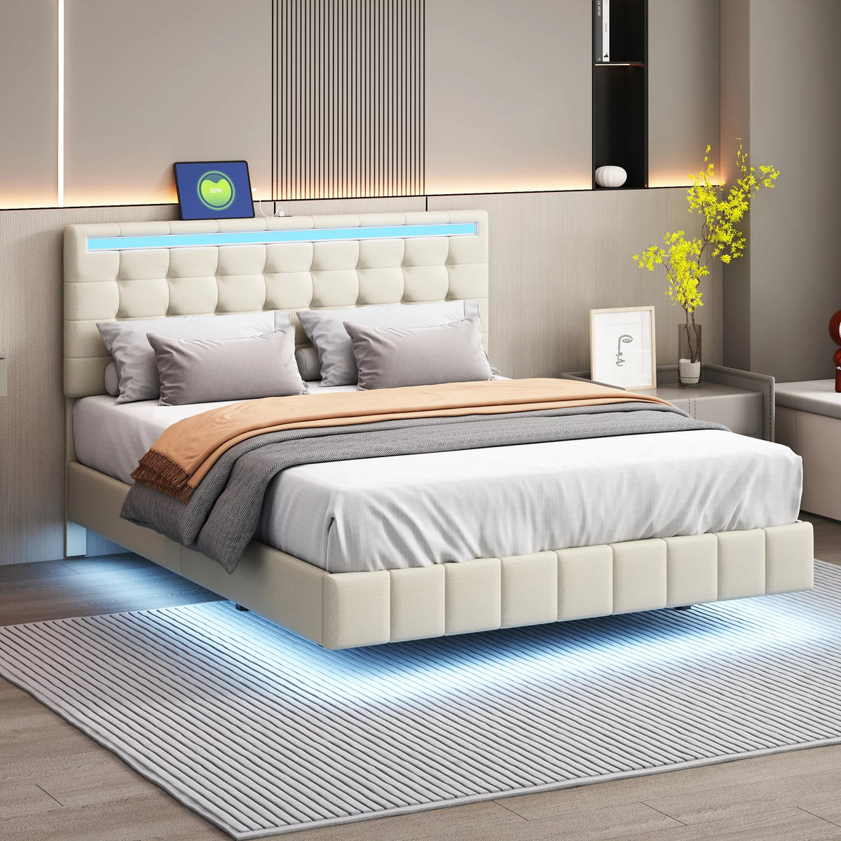 Queen Size Bed Frame with LED Lights and USB Charging H112344