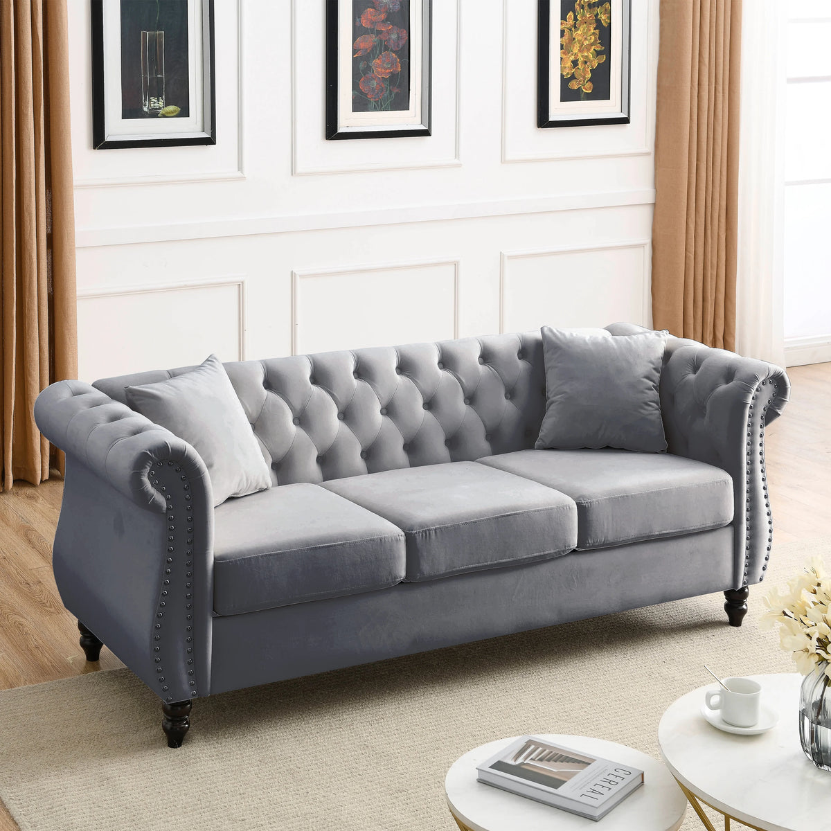 80" Chesterfield Sofa Grey Velvet 3 Seater Tufted Couch with Rolled Arms and Nailhead U8152