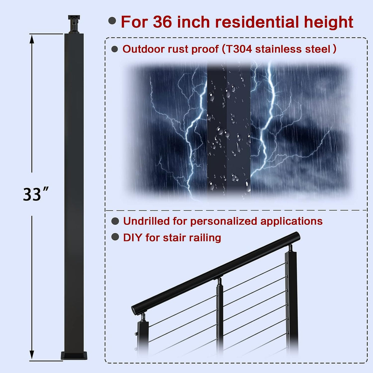 2Pack Stainless Steel Black Cable Railing Post 36x2x2 Z40316