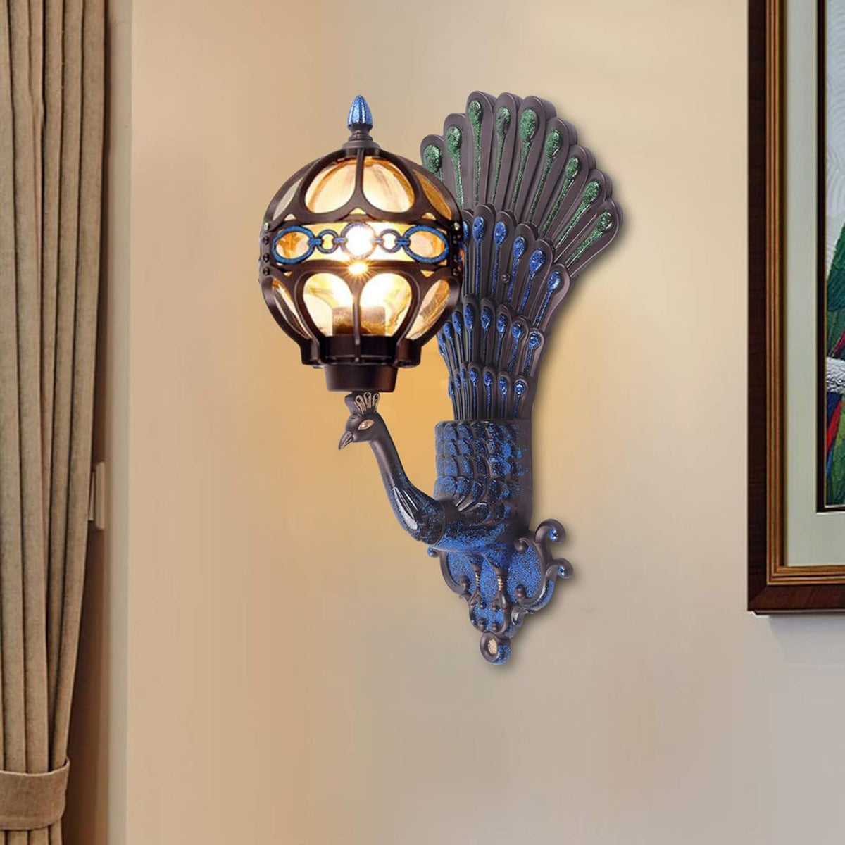 Peacock Wall Light Sconces, Metal and Glass Stained Wall Lamp, LED Antique Wall Mounted Lamp, E27 Z494