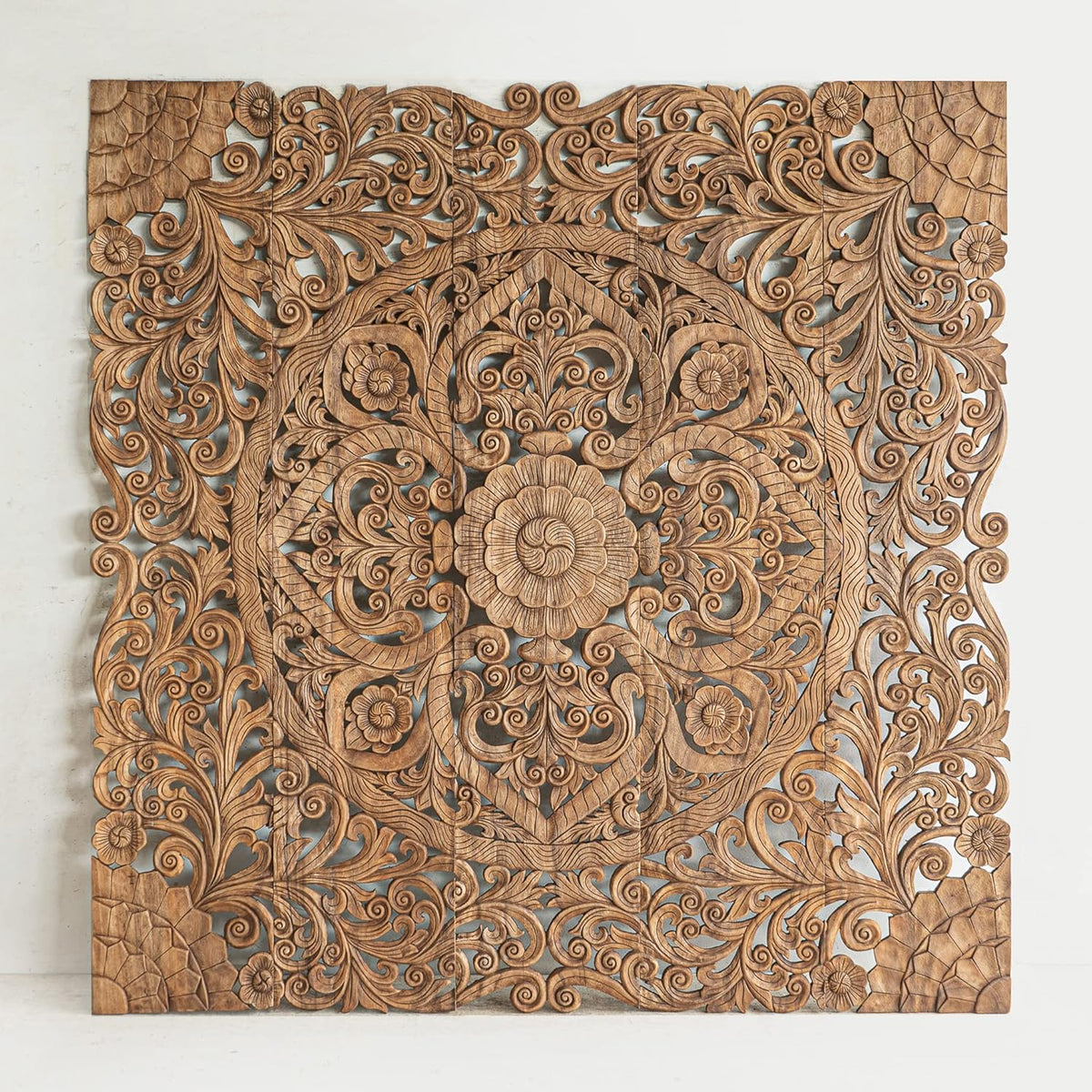 Brown Texas King Size Wood Carved Hanging Headboard H287