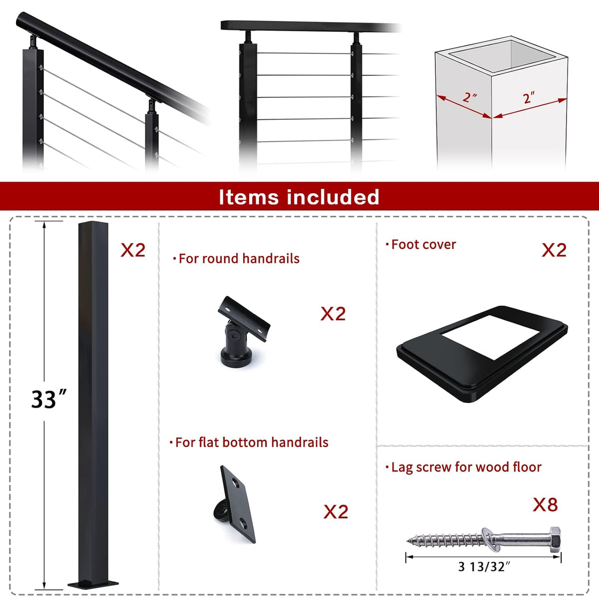 2Pack Stainless Steel Black Cable Railing Post 36x2x2 Z40316