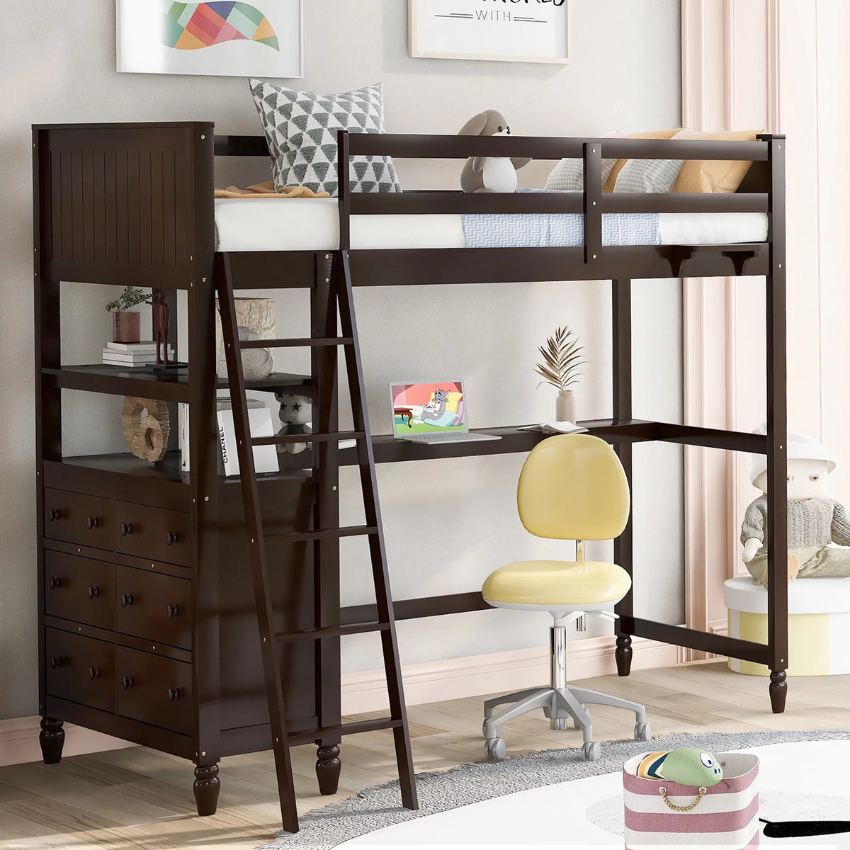 Twin Size Pine Wood Loft Bed with Desk and Shelves G1041