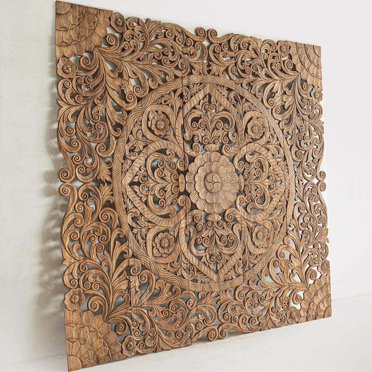 Brown Texas King Size Wood Carved Hanging Headboard H287
