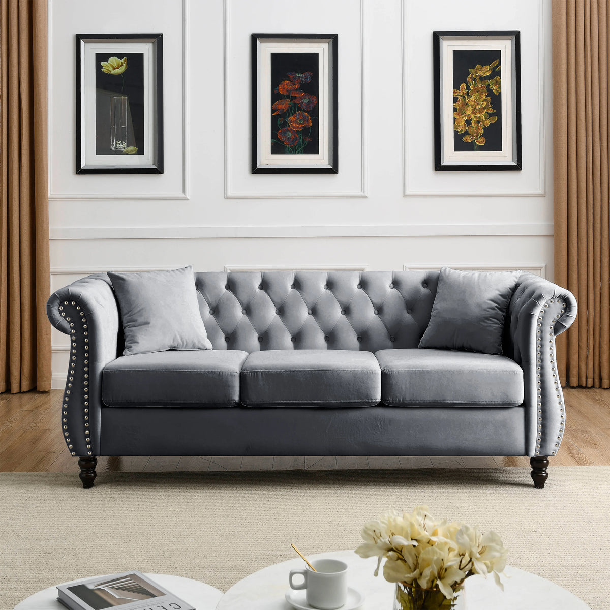 80" Chesterfield Sofa Grey Velvet 3 Seater Tufted Couch with Rolled Arms and Nailhead U8152