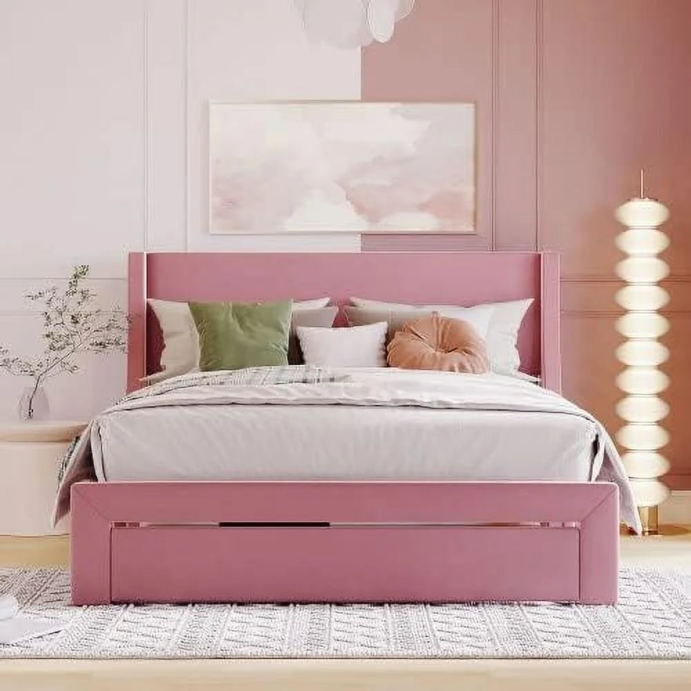 Queen Size Velvet Upholstered Storage Bed Frame with Drawer I849487