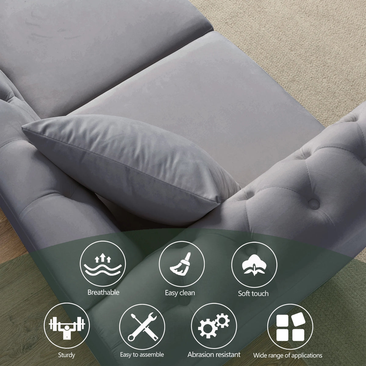 80" Chesterfield Sofa Grey Velvet 3 Seater Tufted Couch with Rolled Arms and Nailhead U8152