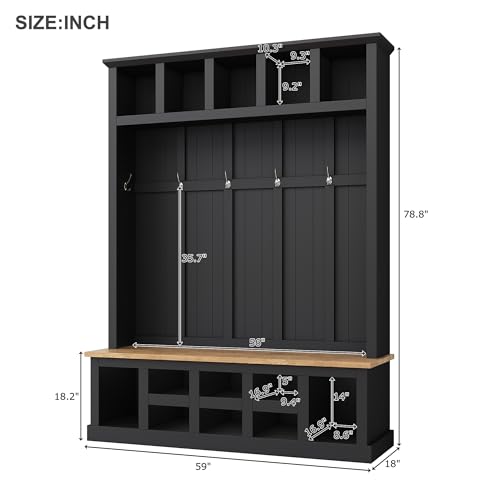 Black Wide Entryway Hall Tree with Storage Bench, Shoe Cabinet with Cube Storage, Coat Rack with 6 Hooks P77890
