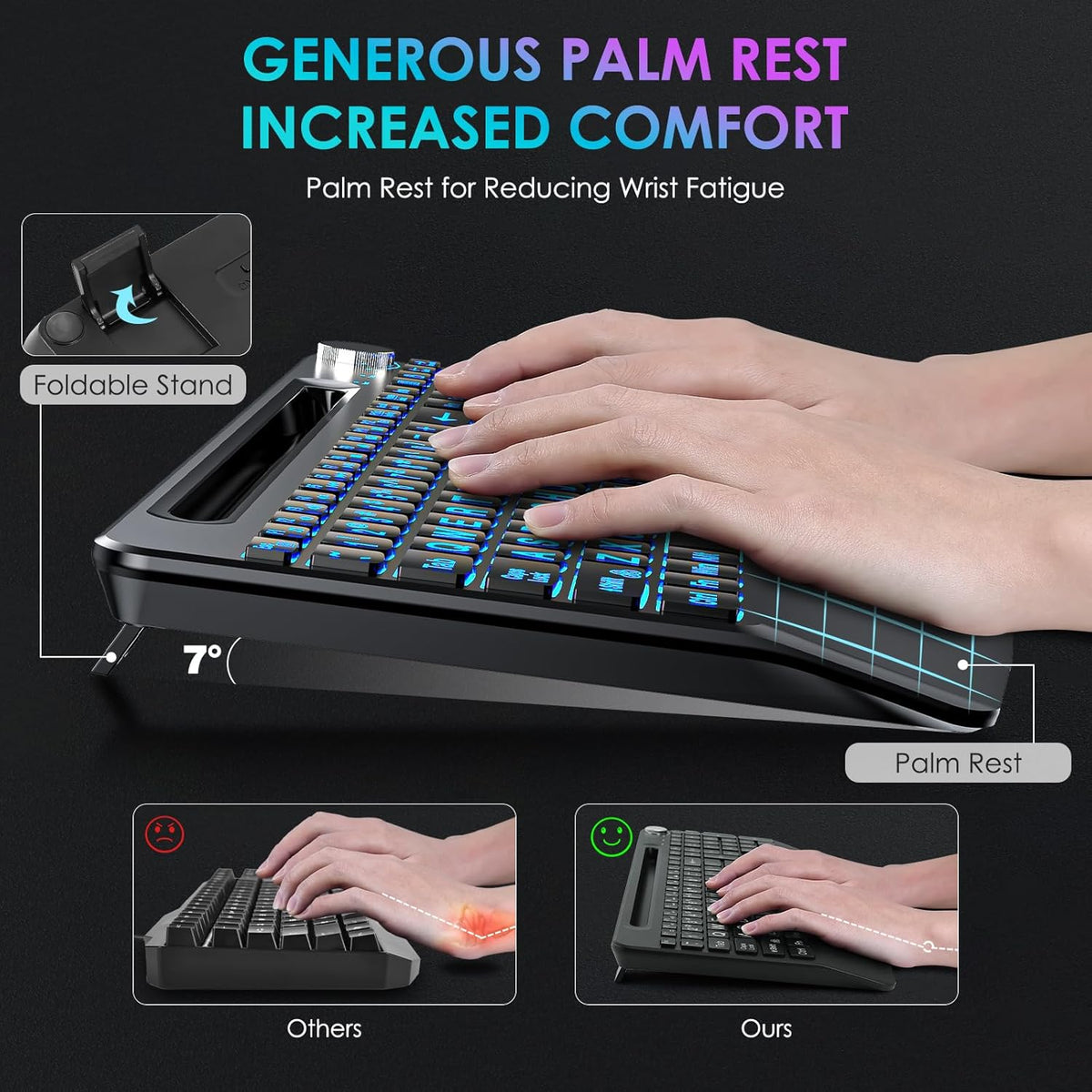 2.4G Wireless Large Print Full Size Keyboard with 7 Colored Backlit S8951