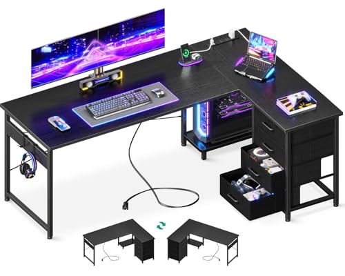 Black L Shaped Desk with 4 Tier Drawers, Power Outlets & USB G80447