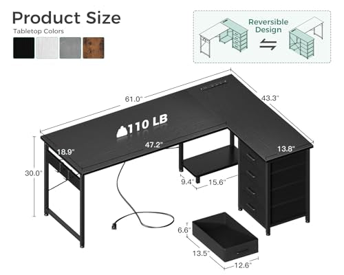 Black L Shaped Desk with 4 Tier Drawers, Power Outlets & USB G80447