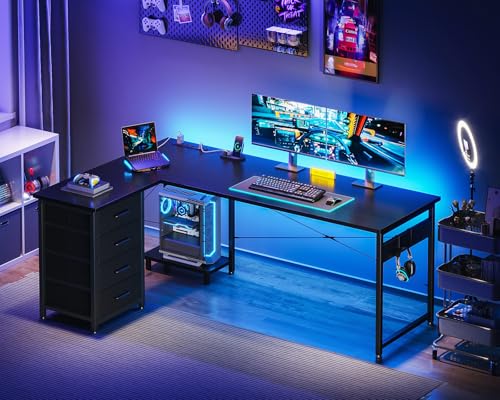 Black L Shaped Desk with 4 Tier Drawers, Power Outlets & USB G80447