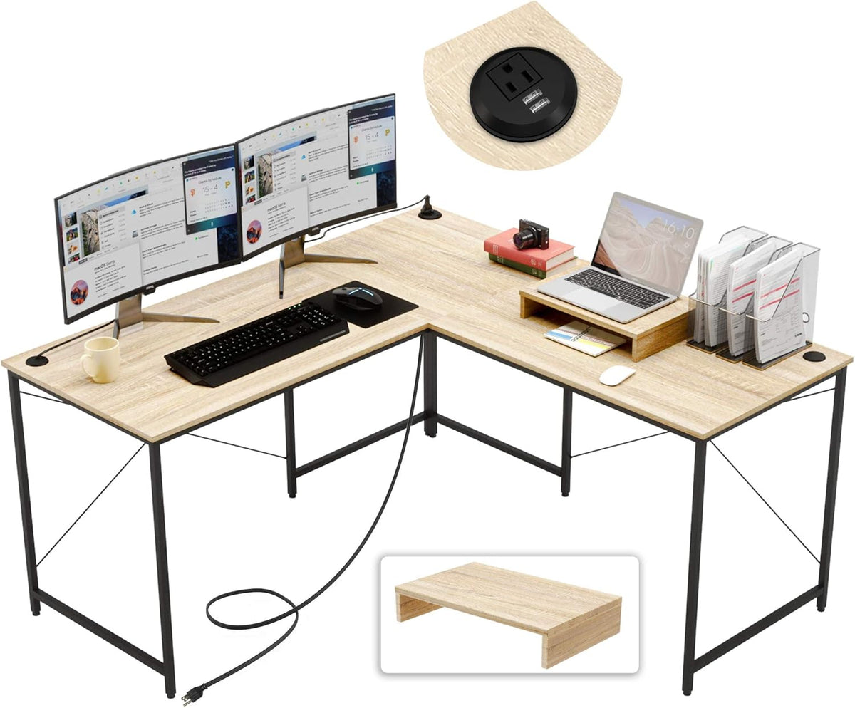 95.2 Inch L Shaped Desk with Power Outlet, Brown D67749