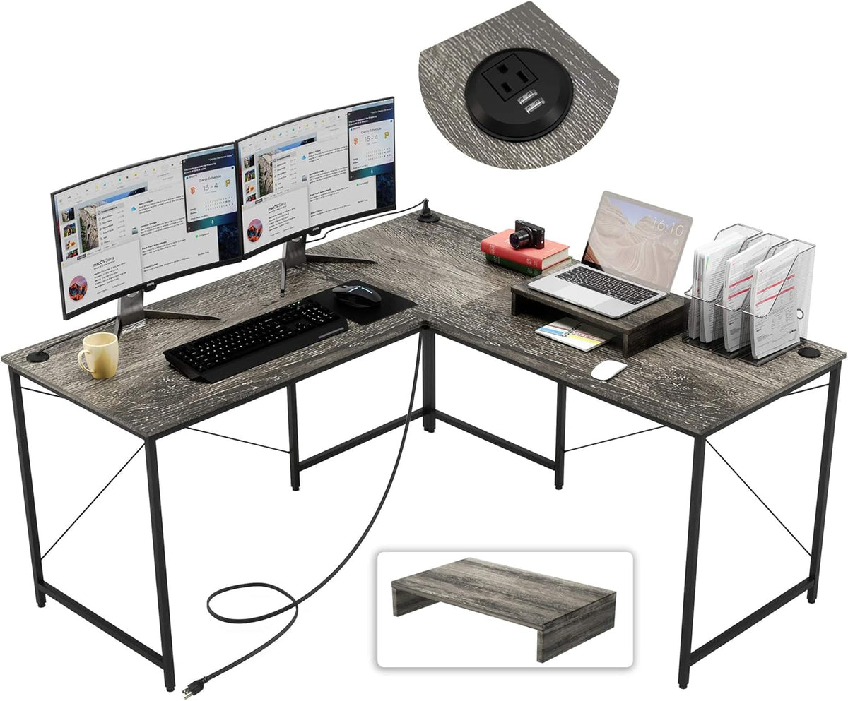 95.2 Inch L Shaped Desk with Power Outlet, Brown D67749