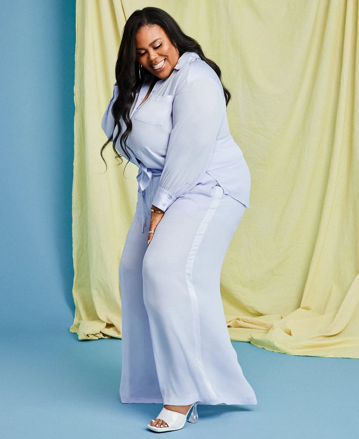 Plus Size Satin-Trim Wide-Leg Pants Blue 2X I705