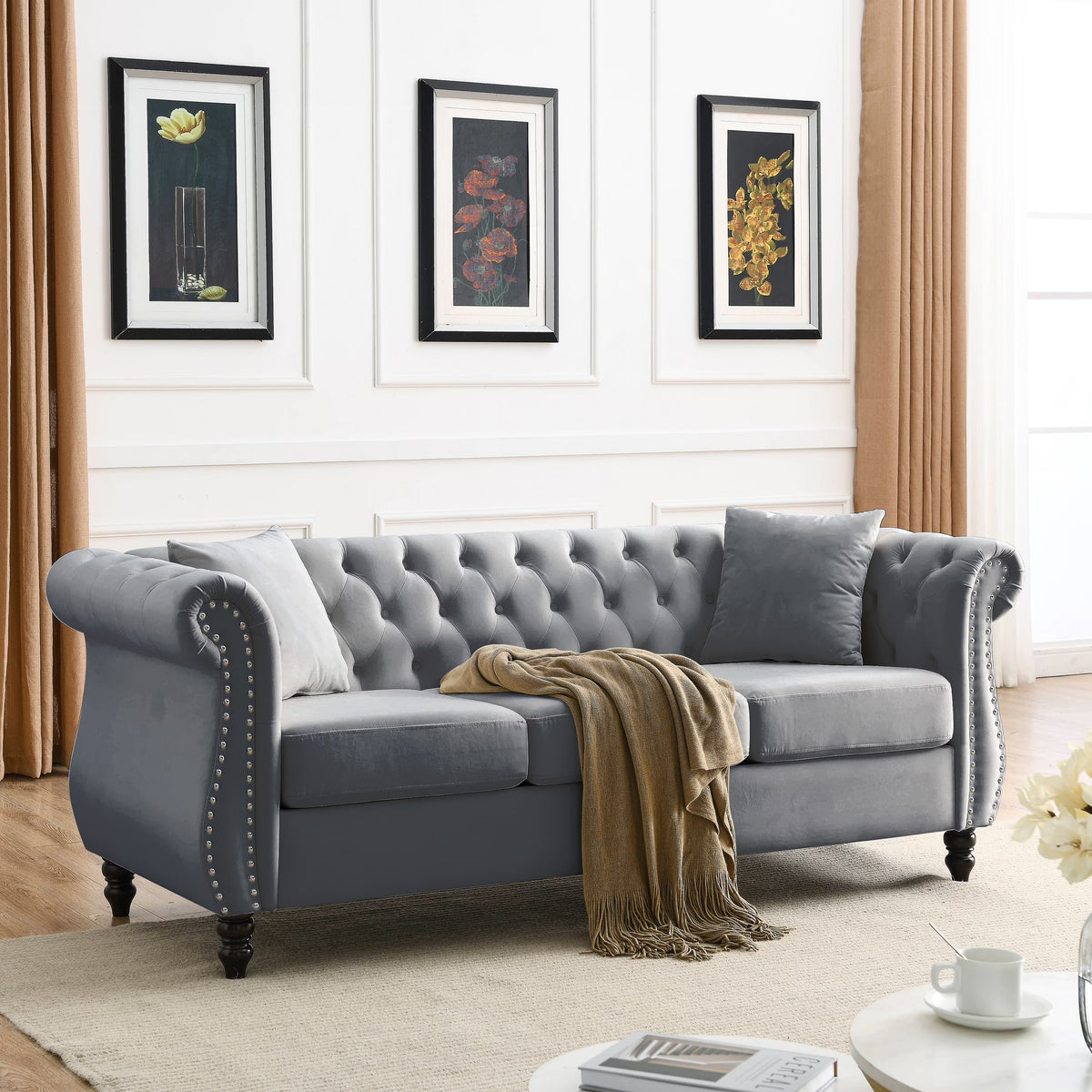 80" Chesterfield Sofa Grey Velvet 3 Seater Tufted Couch with Rolled Arms and Nailhead U8152