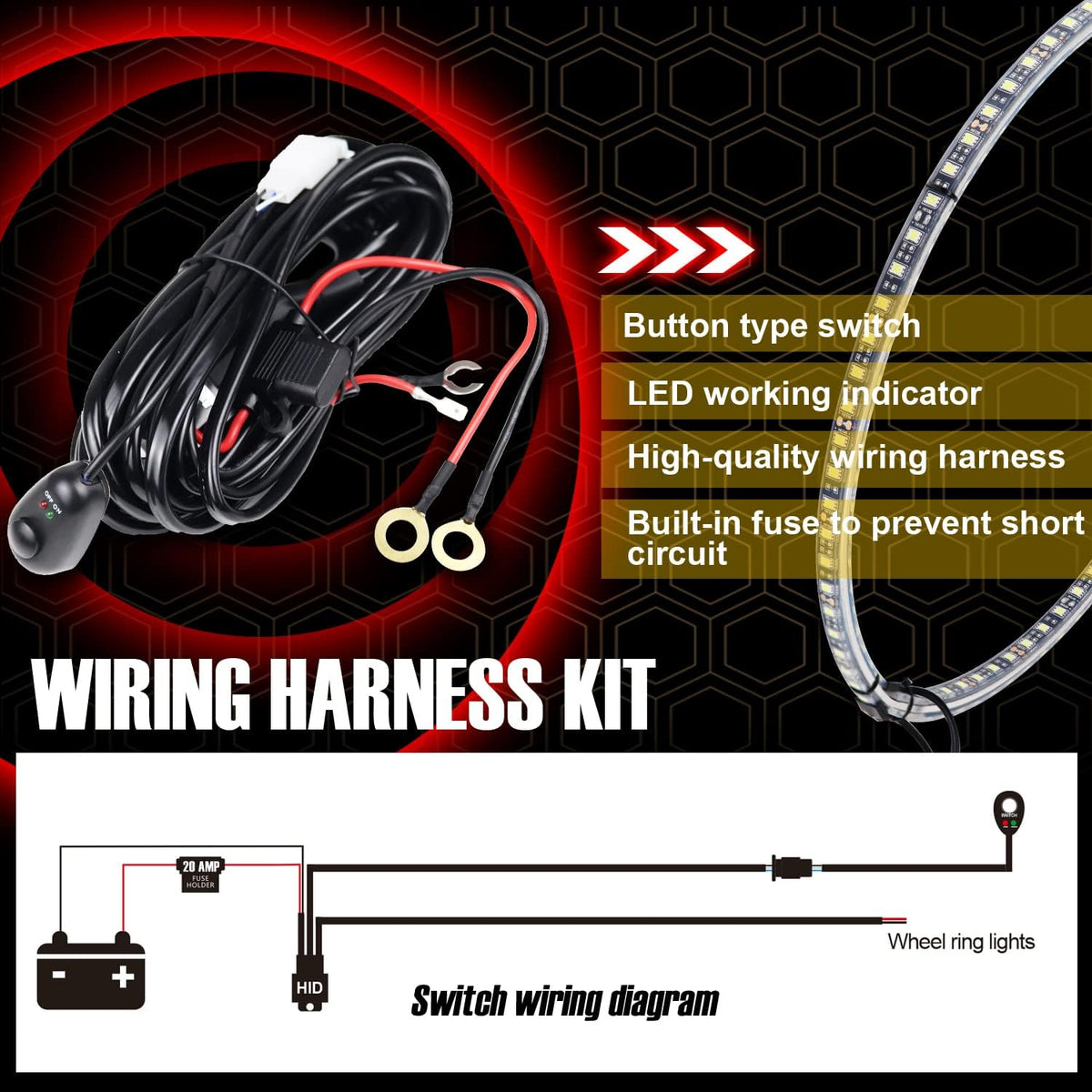 4PCS 17 Inch Double Side Wheel Light, Pure White and Rocker Switch L330