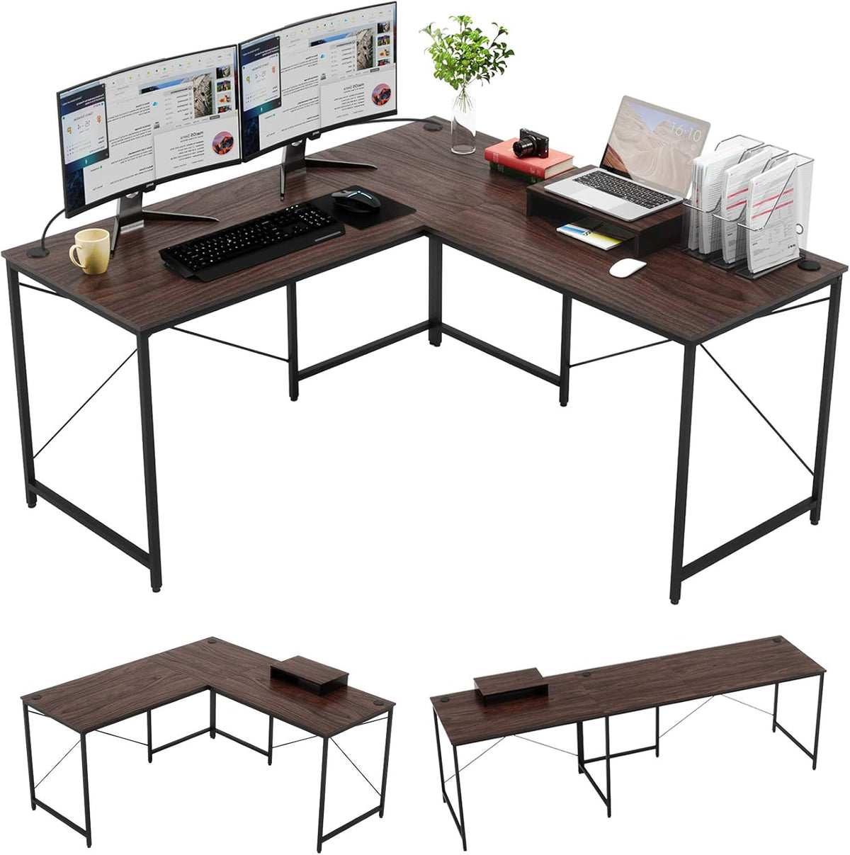 95.2 Inch L Shaped Desk with Power Outlet, Brown D67749