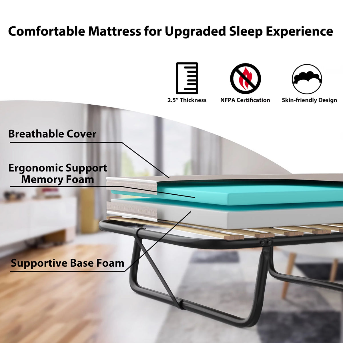 Folding Bed with Memory Foam Mattress A4690