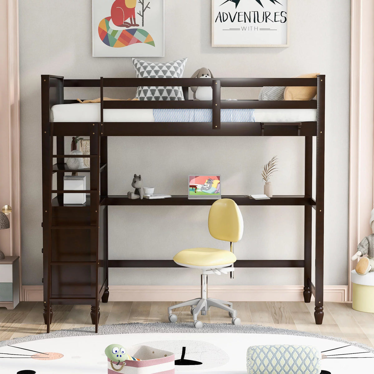 Twin Size Pine Wood Loft Bed with Desk and Shelves G1041