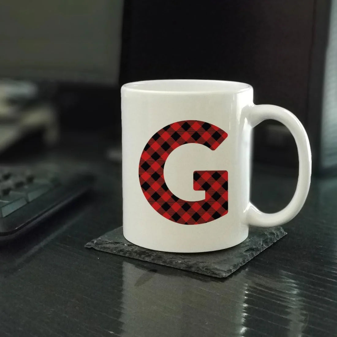 Hot Chocolate Coffee Mug Gift, Red Plaid Initial Letter G, 1-Pack E273