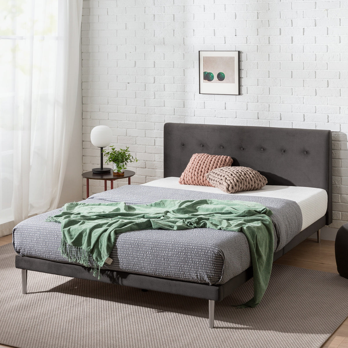 Charcoal Velvet Upholstered Queen Platform Bed Frame B36295